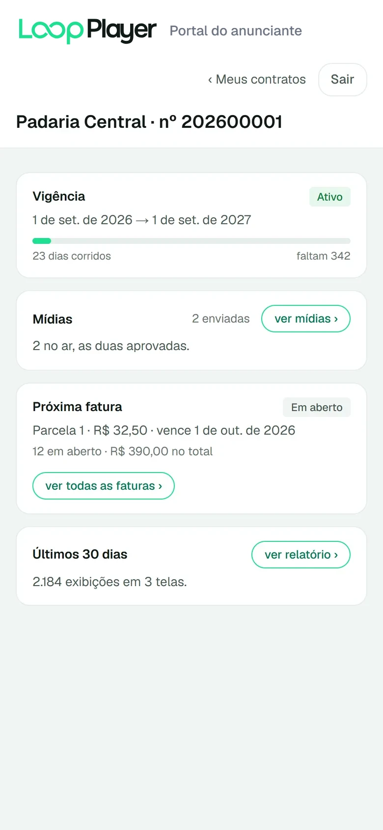 O portal do anunciante com o contrato dele